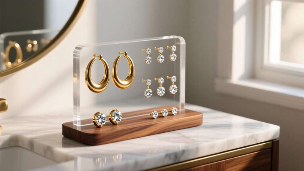 Walnut and acrylic DIY earring organizer on a vanity displaying heavy gold hoops and diamond studs in soft morning light.