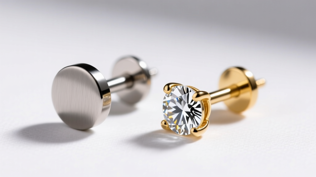 Close-up of a titanium flat-back stud and a 14k gold martini diamond stud, highlighting post thickness and secure backing details