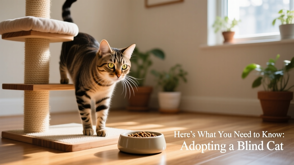 A blind cat confidently stepping onto a low, stable cat tree with textured platforms and a nearby food bowl