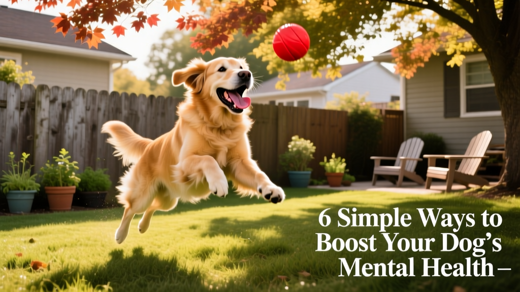 A happy dog playing fetch in a sun-dappled backyard, mouth open in joyful panting