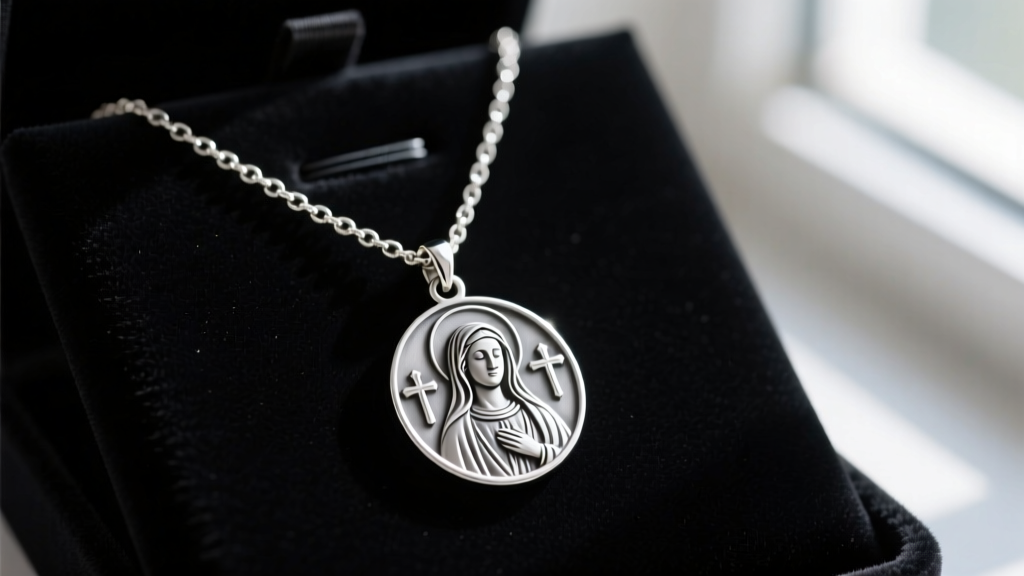 Sterling silver St Monica medal necklace on dark velvet, soft light highlighting engraved details of the saint and a delicate chain