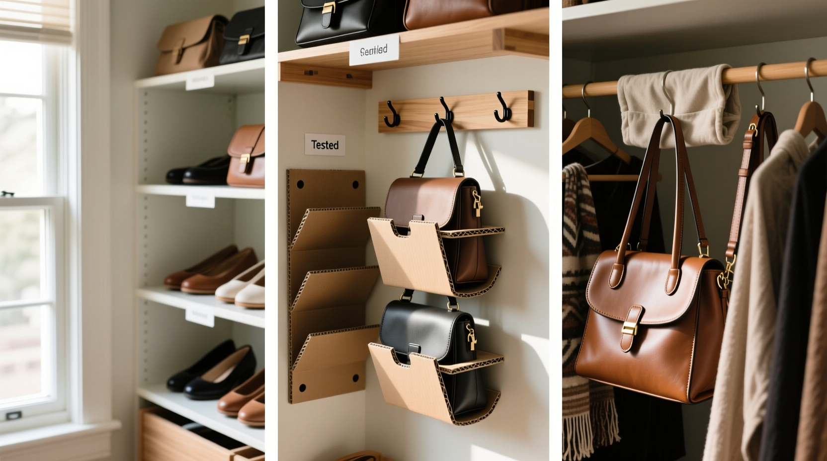 closet organization tips which holds handbags upright