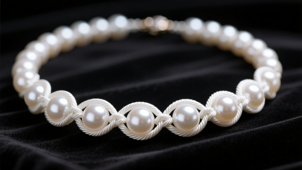 Close-up of a hand-knotted white Akoya pearl necklace on dark velvet, highlighting tight silk knots between each spherical gem.