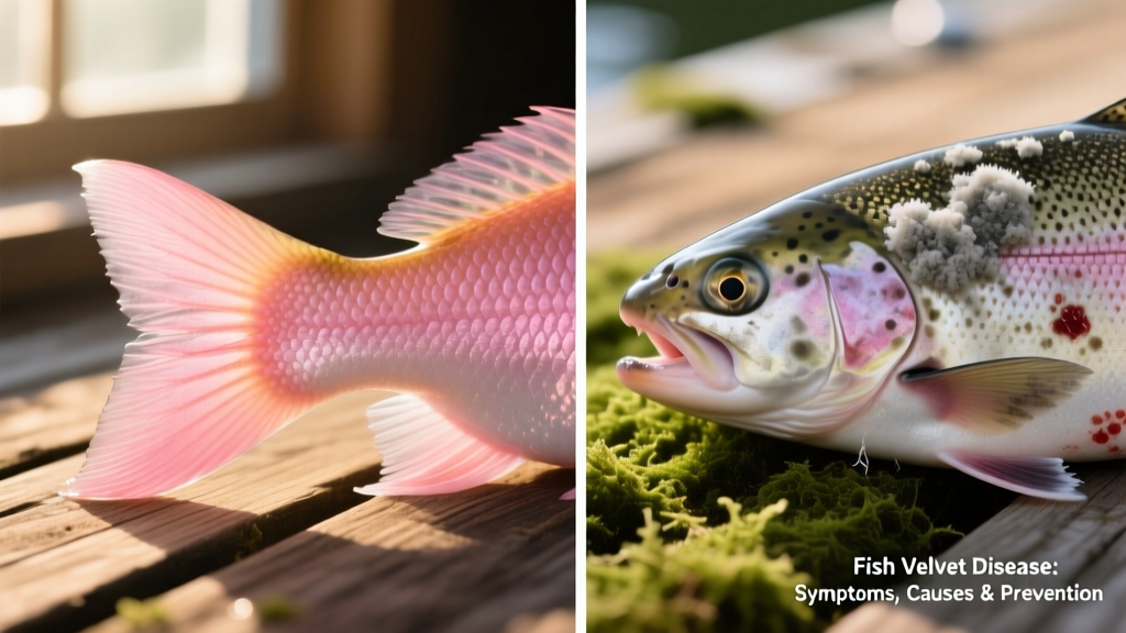 Side-by-side comparison: healthy fish gills (pink, smooth) versus infected gills showing inflammation and pale, patchy discoloration from velvet parasite infestation