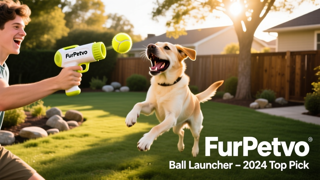 A person using a handheld FurPetVo ball launcher to toss a tennis ball for their energetic Labrador outdoors