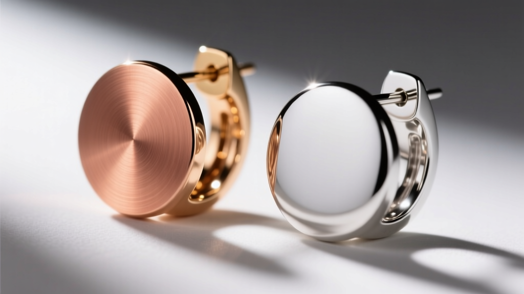Macro view comparing an 18k rose gold disk earring and a 14k white gold disk earring highlighting subtle metal color differences