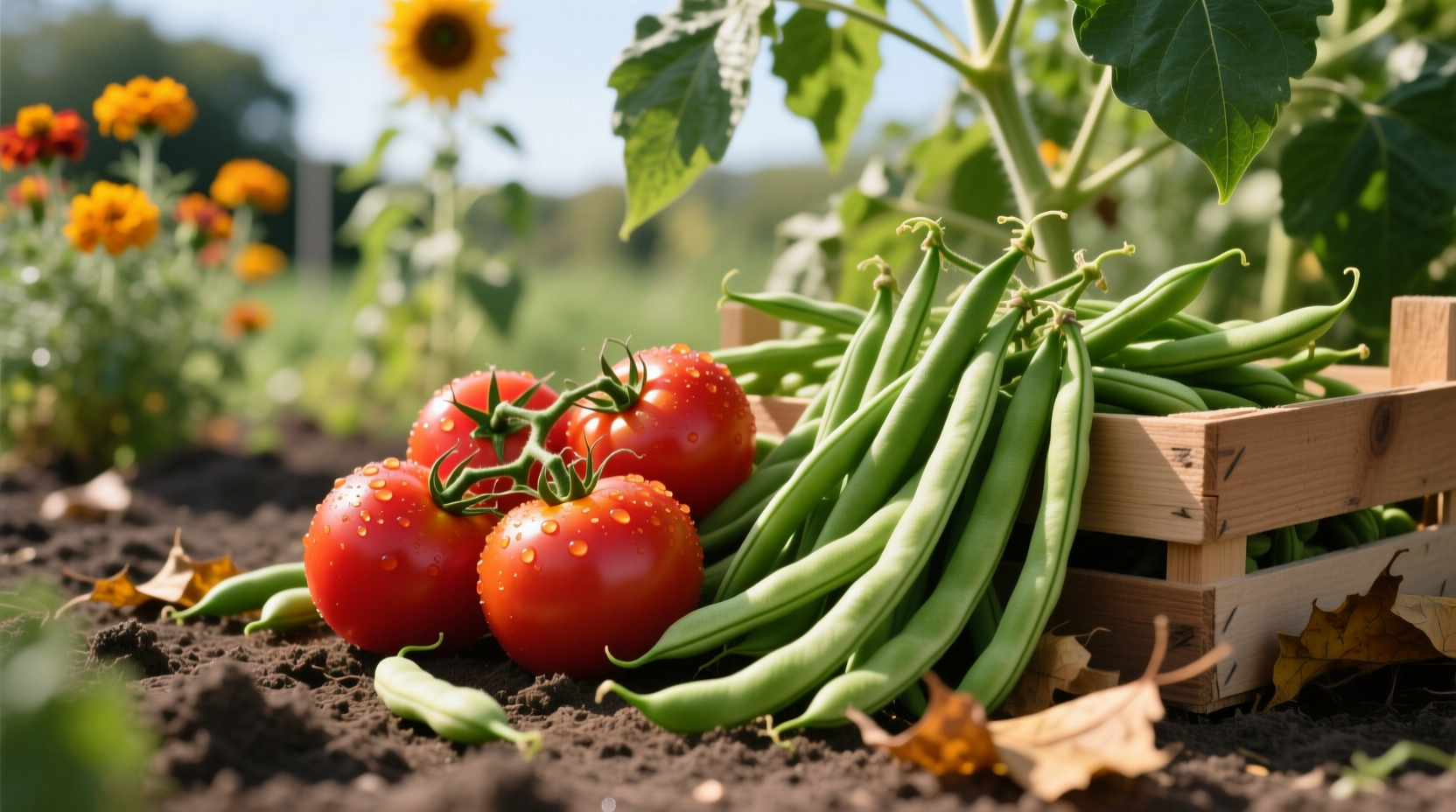 Fresh tomatoes and green beans in garden