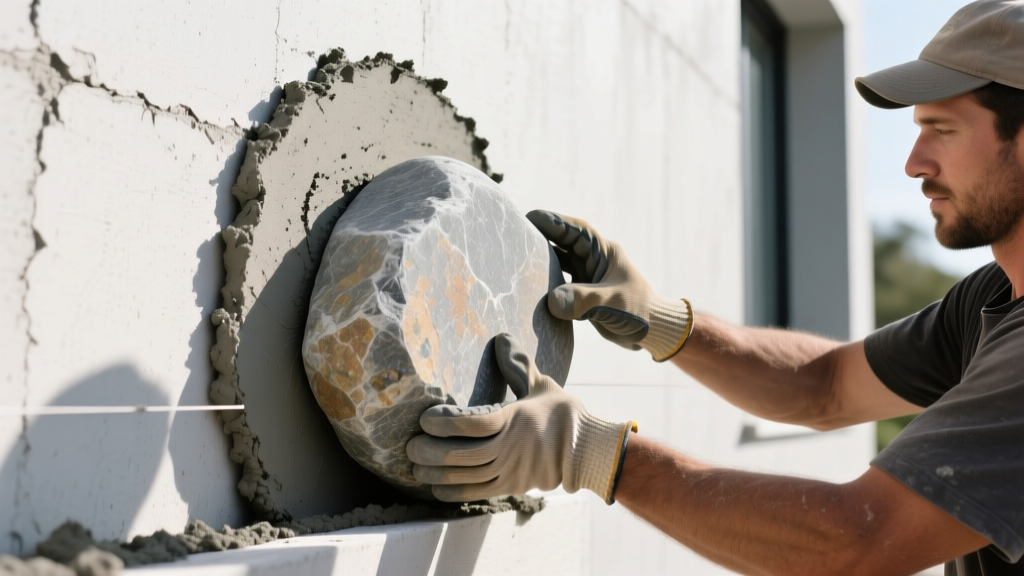 Mason applying thick gray mortar to the back of a round river rock stone before pressing it onto a scratch-coated exterior wall