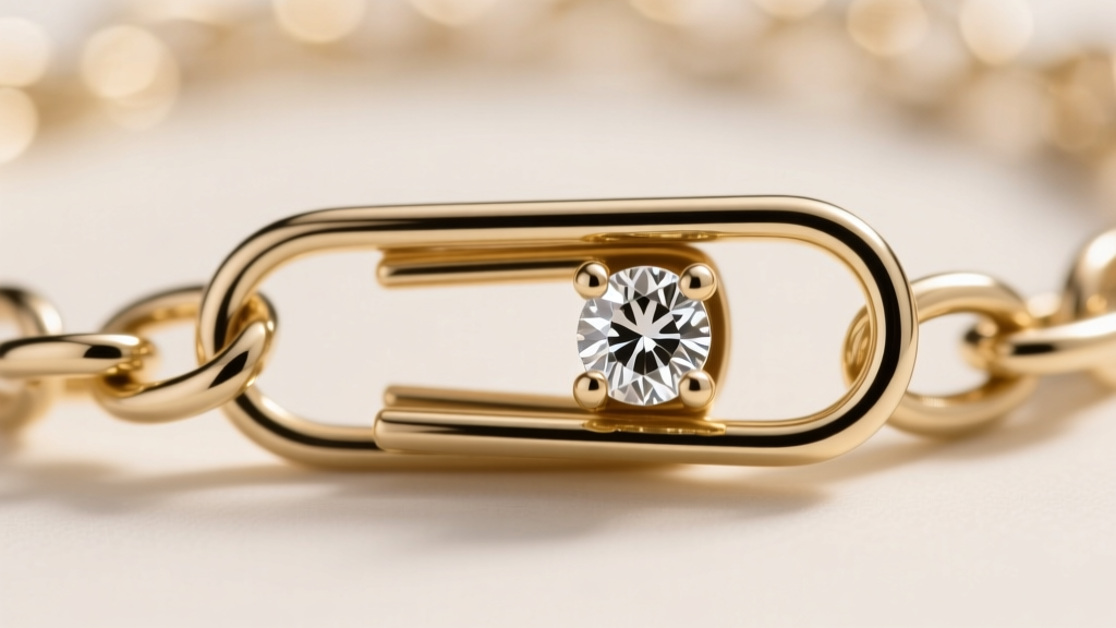Macro photography of an 18k white gold paperclip chain clasp with hidden diamond accent, highlighting the precise link soldering.