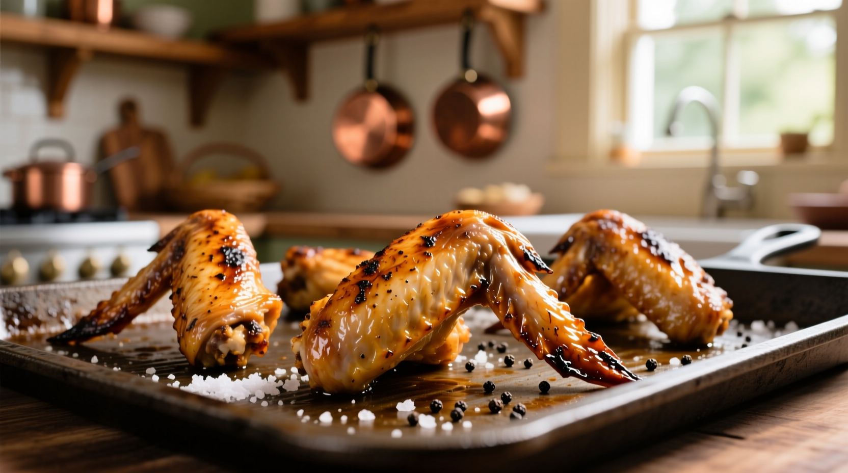 Crispy golden brown turkey wings on baking sheet
