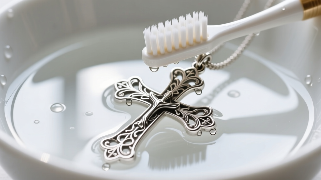 Soft toothbrush gently scrubbing intricate crevices of an ornate silver cross pendant submerged in a bowl of mild soapy water.