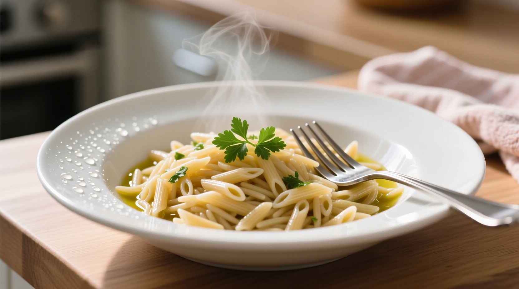 Perfectly cooked orzo in a white bowl with fork
