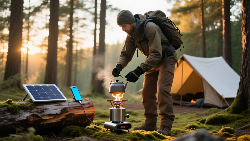 A hiker at a forest campsite boiling water on a wood-burning thermoelectric stove while a solar panel charges a device on a log.