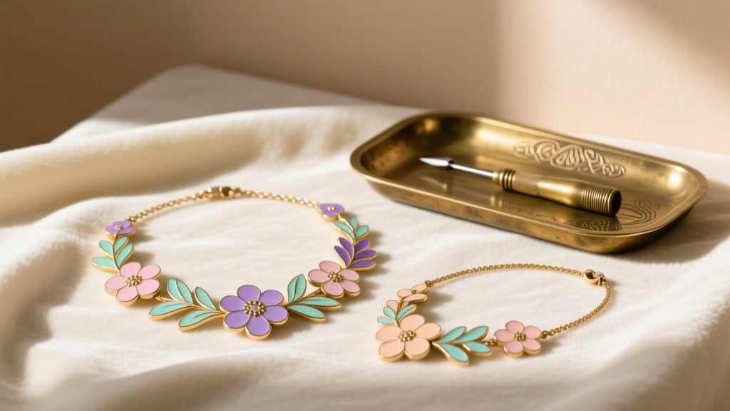 Mid-century floral enamel necklaces in pastel shades arranged beside a soft microfiber cloth and a vintage brass jeweler's loupe.