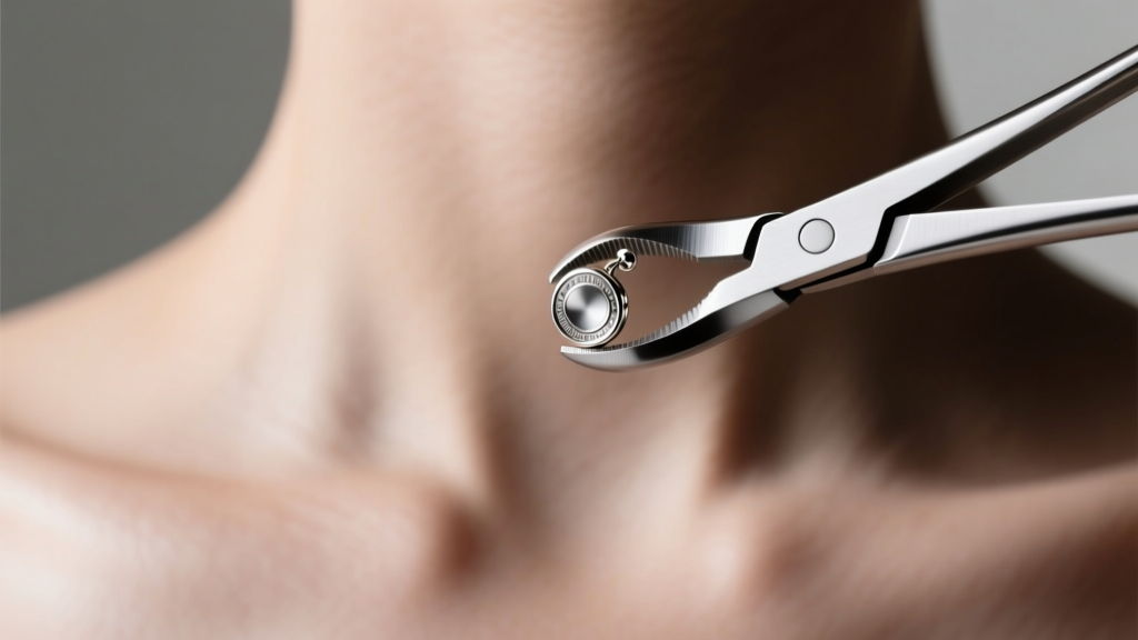Macro shot of sterilized steel hemostats gently gripping a tiny metal earring clutch, positioned safely near a model's earlobe
