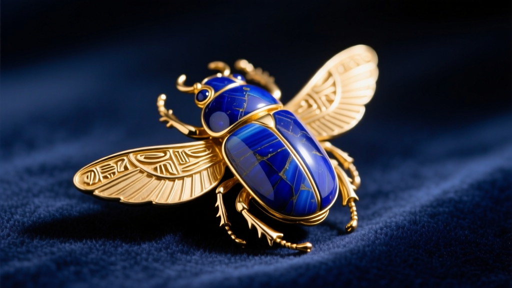Macro shot of an Egyptian revival lapis and gold scarab brooch on dark velvet under bright jewelry inspection lighting