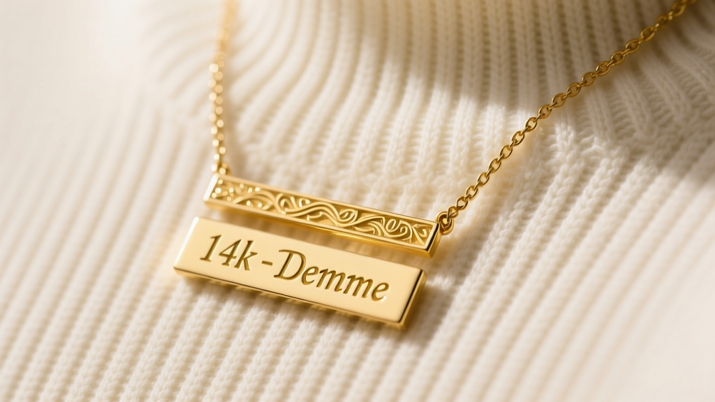 Close-up of a solid 14k yellow gold double name necklace on a ribbed cream sweater, soft studio lighting highlighting dual plates.