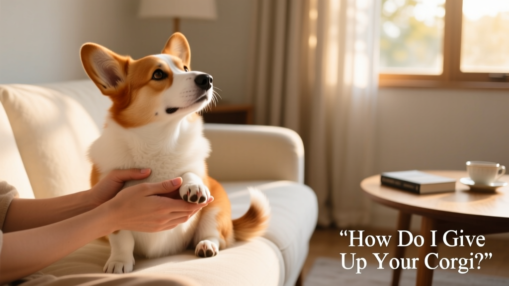 Two hands gently holding a Corgi’s paws while sitting side-by-side on a sofa, symbolizing trust and transition