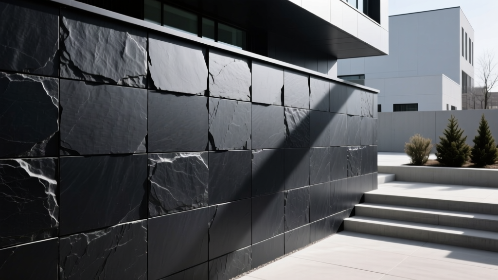 Matte black manufactured stone veneer panels with tight mortar joints installed on an exterior architectural retaining wall