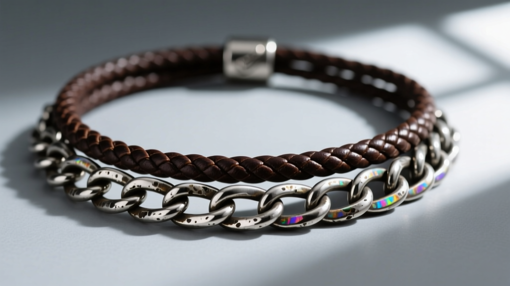 Close-up of a Johnny necklace with dark brown braided leather cord intertwined with oxidized sterling silver curb links on slate.