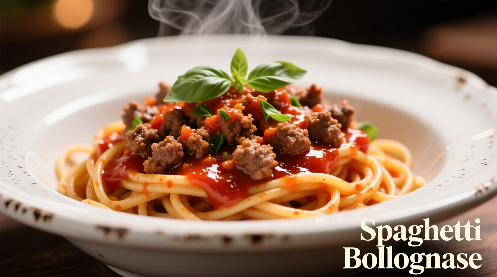 Spaghetti with minced meat and tomato sauce in white bowl