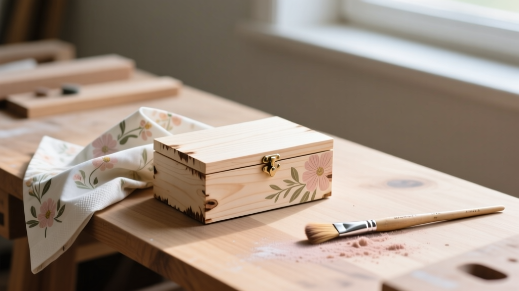 Sanded Baltic birch decoupage jewelry box base on a workbench with floral napkins and brush, bathed in soft natural light.