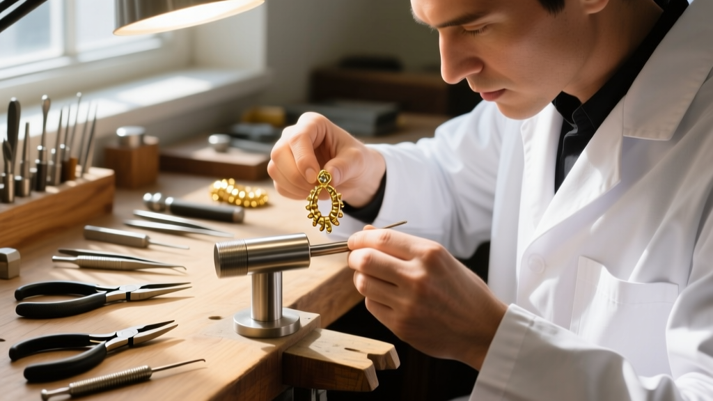 Jeweler adjusting an 18k gold earring crawler on a steel mandrel, showing tension tools on a wooden workbench in bright daylight.