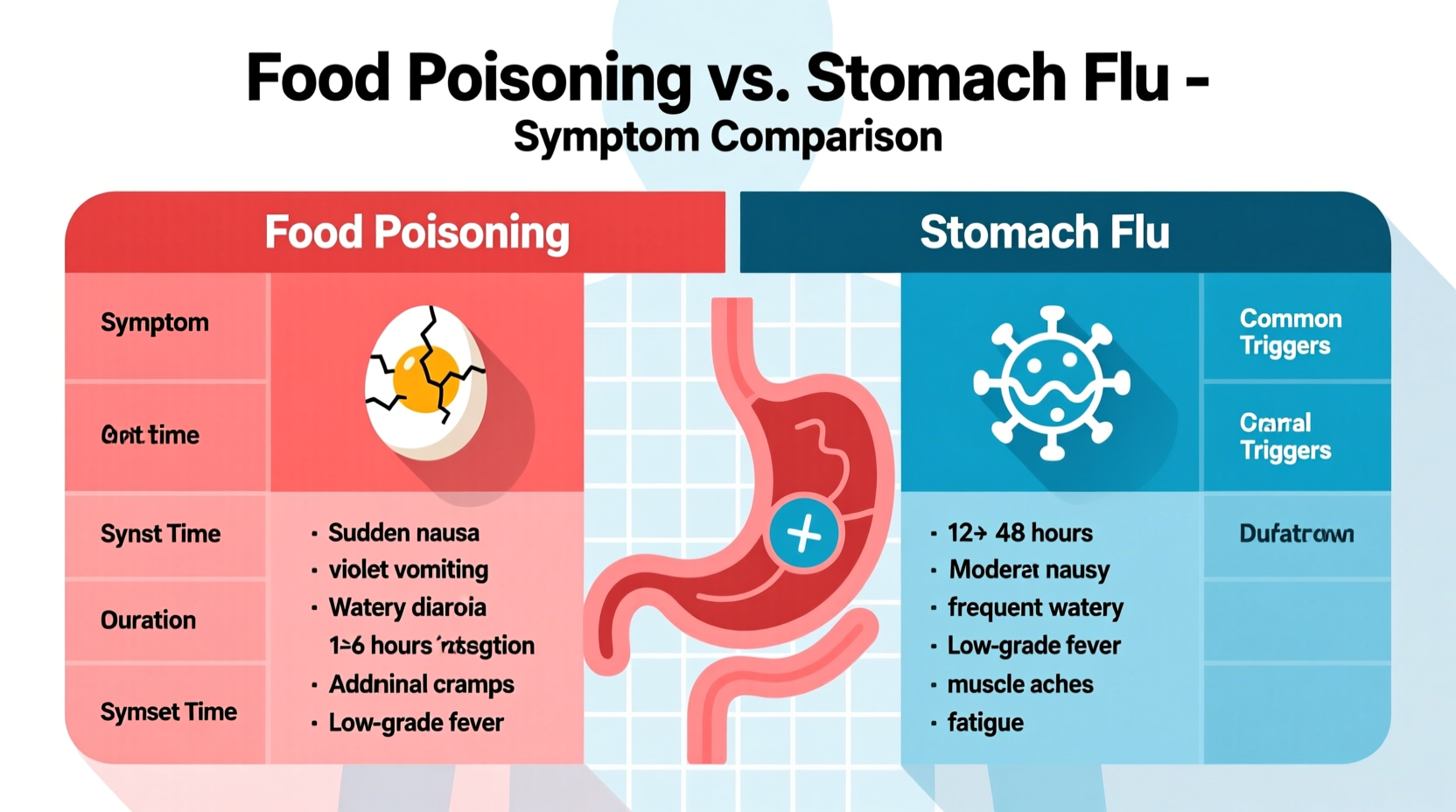 Comparison chart showing food poisoning versus stomach flu symptoms