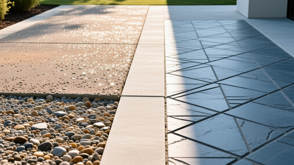 Split-view showing a textured exposed aggregate driveway beside a deeply stamped slate-pattern concrete patio in bright sunlight