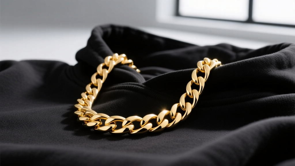 Close-up of a 10mm 14k yellow gold Cuban link chain on a black hoodie, studio lighting highlighting the polished metal links
