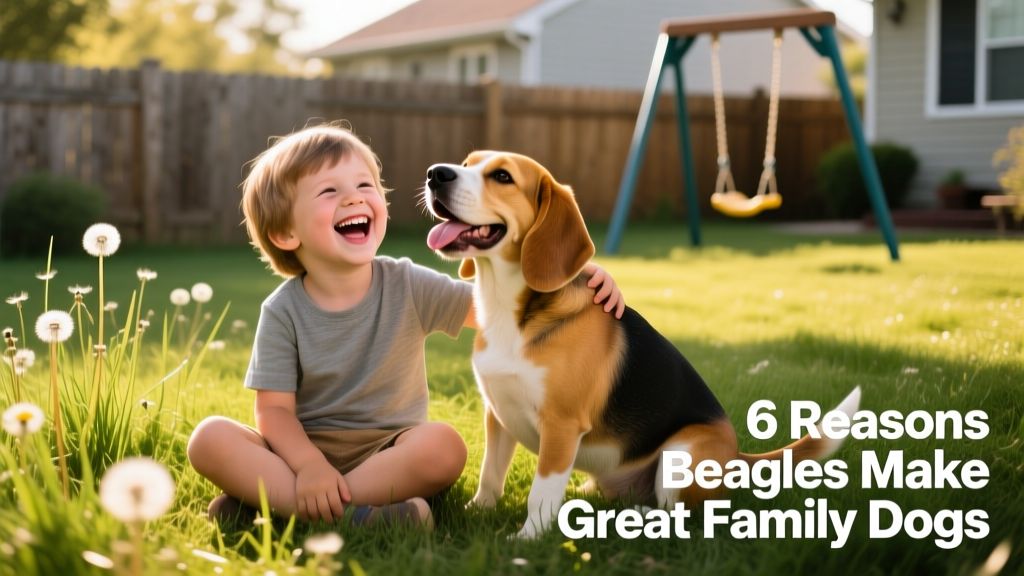 A smiling child sitting on grass beside a happy Beagle, both mid-laugh
