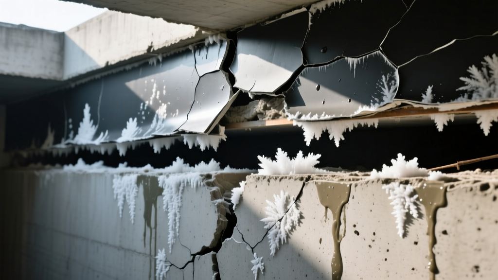 Cross-section of a leaking concrete basement wall showing failed exterior bituminous membrane and interior efflorescence stains