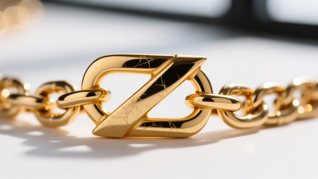 Macro shot of a 14k gold Z necklace bail showing friction wear against a heavy Cuban link chain, captured with a 100mm macro lens