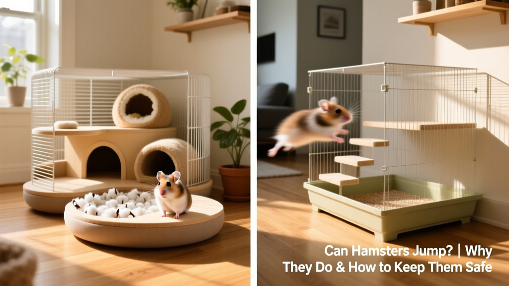 Side-by-side comparison showing proper versus unsafe hamster cage setups: one with low platforms and soft bedding, the other with tall ledges and bare flooring