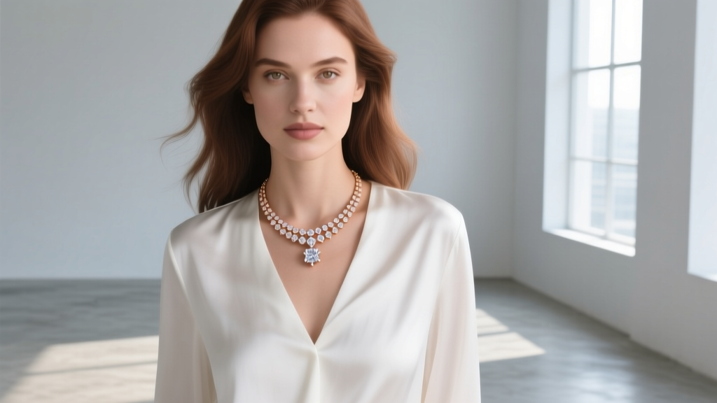 Woman wearing an 18k rose gold bezel-set diamond pendant necklace layered over a crisp white silk blouse in bright natural daylight
