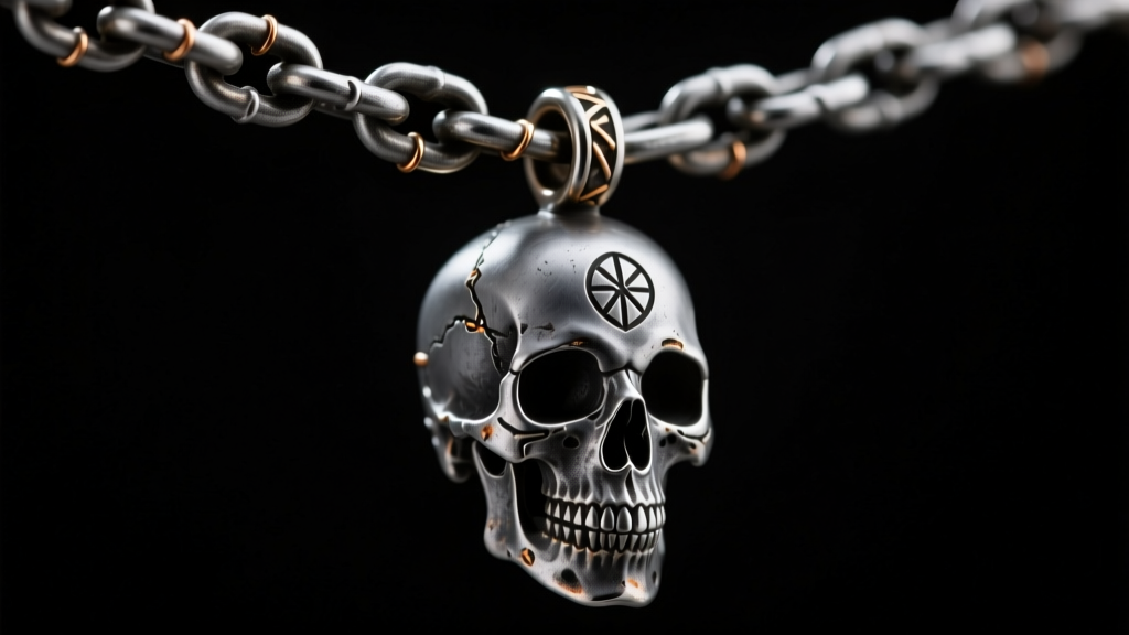 Macro shot of a soldered jump ring connecting a heavy steel chain to a custom cast skull pendant in moody studio lighting.