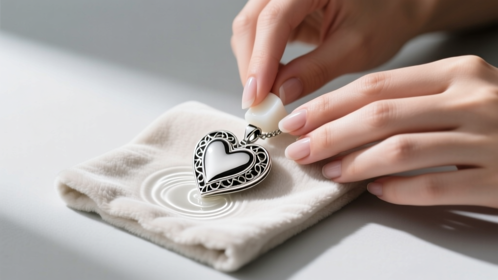 Soft microfiber cloth and mild soap solution next to a silver-tone costume jewelry heart pendant being gently polished by hand
