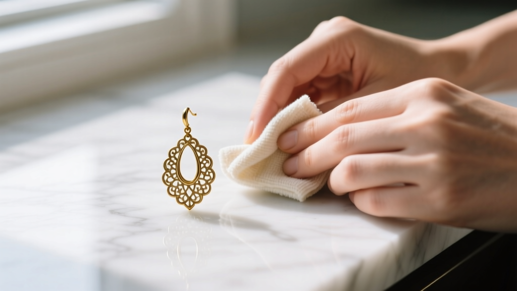 Hands using a microfiber cloth to clean the intricate filigree metalwork of a brass Dorsey earring on a white marble countertop