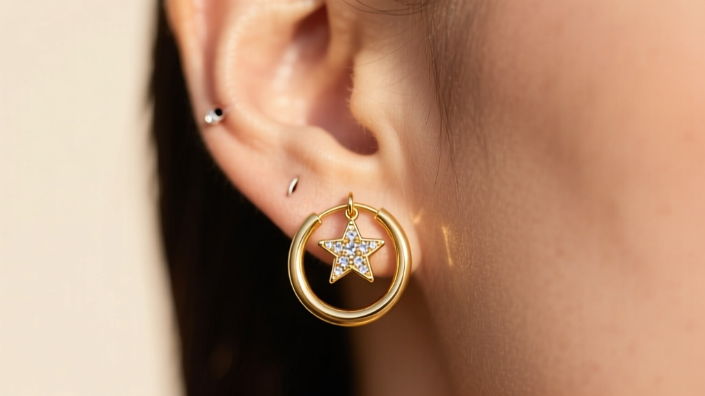 Close-up of 14k gold hoop star earrings in a healed lobe piercing, 10mm hoop with small pavé star charm, soft warm lighting