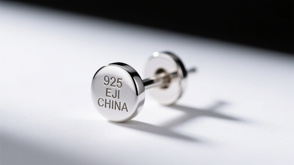 Macro photograph of a sterling silver earring post stamped with the tiny hallmark 925 EJI CHINA under soft studio lighting.