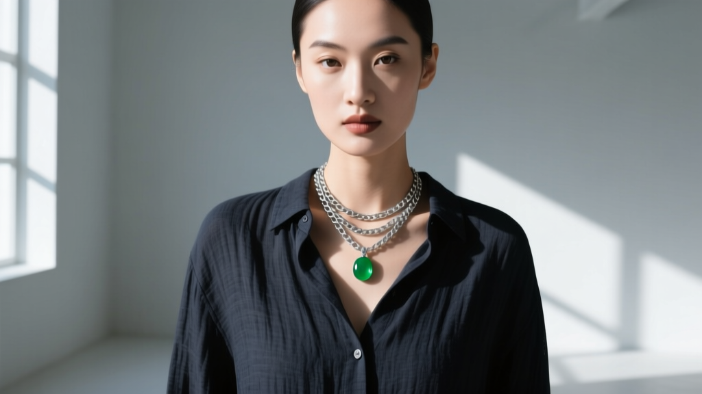 Model wearing a layered silver chain with a small jade pendant over a dark linen shirt, illuminated by soft natural window light