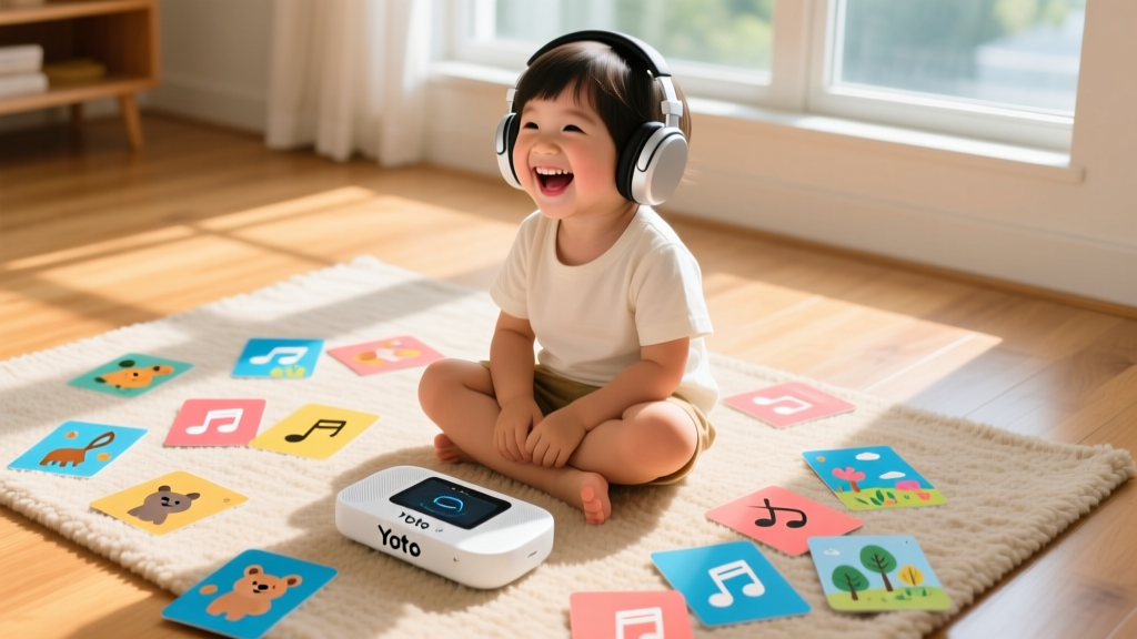 A child happily listening to a Yoto Player with colorful audio cards scattered on the floor, showcasing screen-free entertainment alternatives.