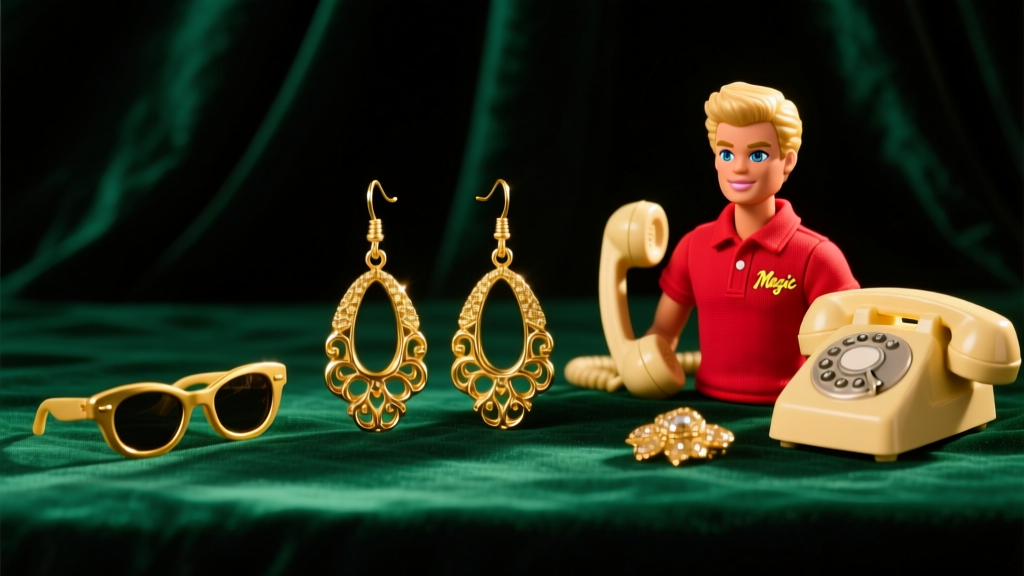 Vintage 1990s Barbie gold-tone drop earrings and Magic Ken accessories resting on dark emerald velvet under warm studio lighting.