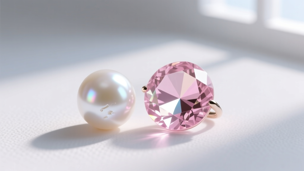Macro shot of an 8mm white freshwater pearl resting beside a faceted 10mm translucent pink Madagascar rose quartz gemstone pendant