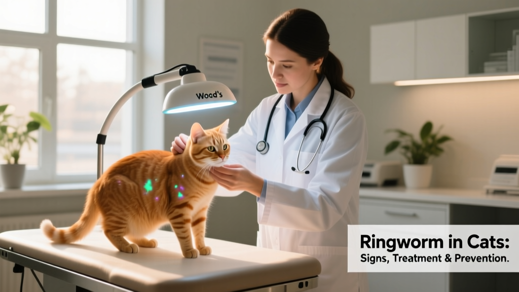 Veterinarian using a Wood’s lamp to examine a cat’s coat during a ringworm evaluation