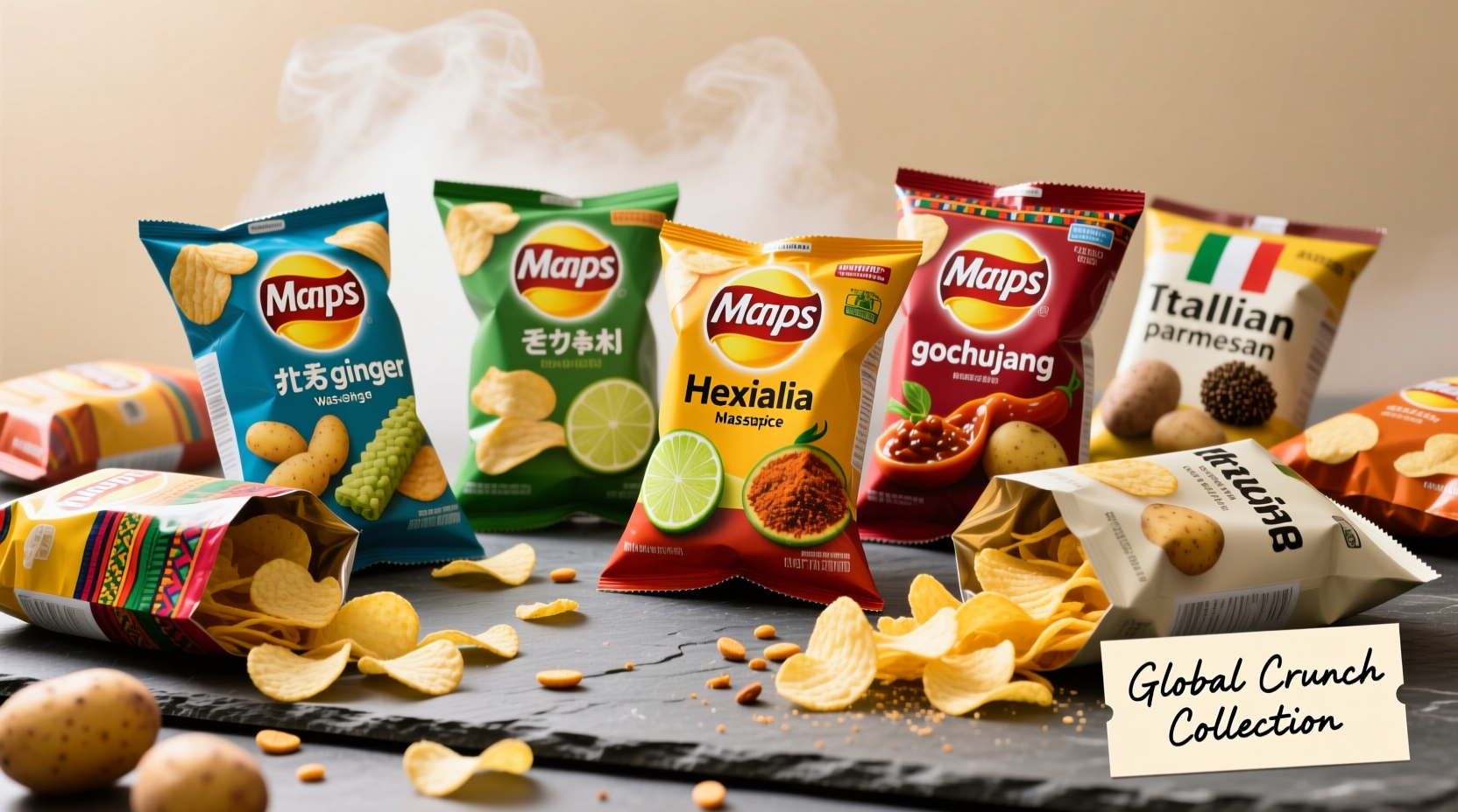 assortment of international potato chip flavors
