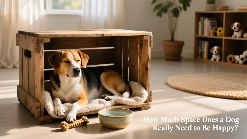 A properly sized crate with a soft blanket, chew toy, and water bowl inside—occupied by a relaxed dog lying on its side