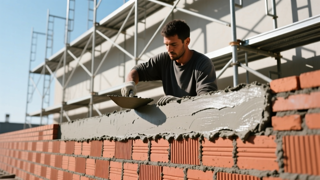 Mason troweling gray mortar onto a red clay modular brick wall under bright outdoor sunlight with scaffolding in background