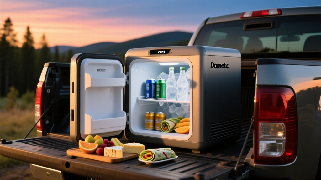 Dometic CFX3 portable fridge sitting open on the tailgate of a pickup truck at sunset, filled with ice-cold drinks and fresh camping food.