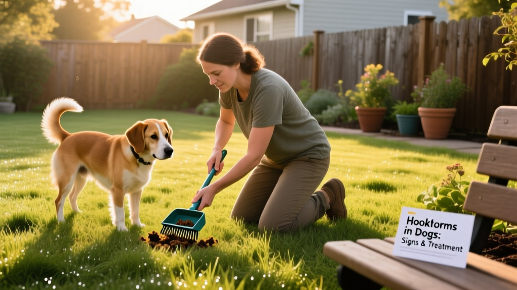 Dog owner using a scooper to pick up waste in backyard, with clean grass visible around